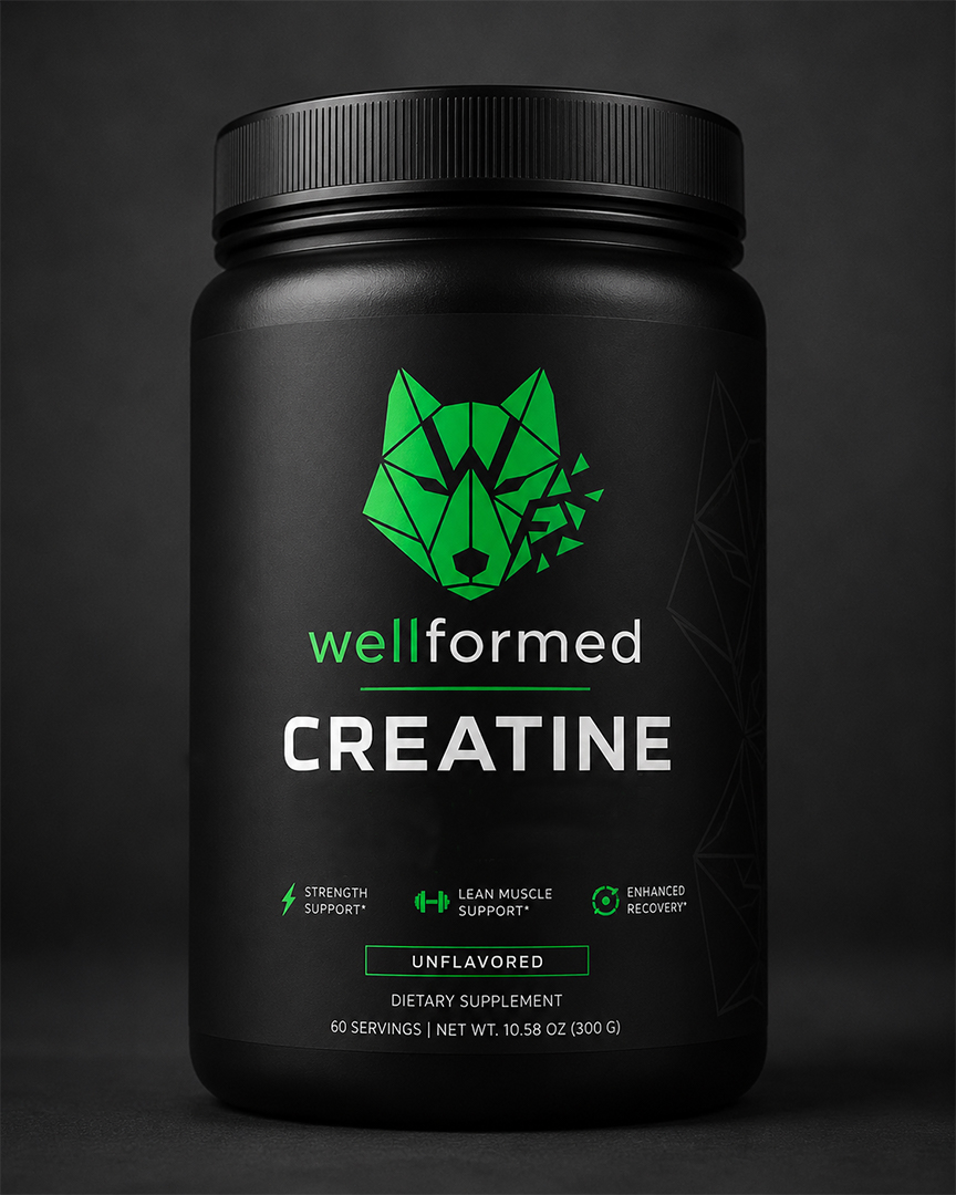 Well-Formed Creatine Monohydrate tub on a black background